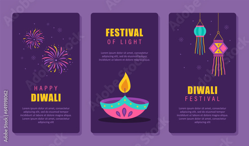Diwali greeting posters set. Holiday backgrounds for celebration Indian festival of lights. Social media stories templates. Vector illustration in flat cartoon style.