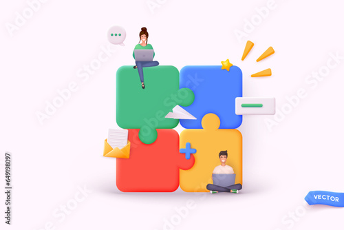 Business concept. Team metaphor. people connecting puzzle elements. 3D Web Vector Illustrations.