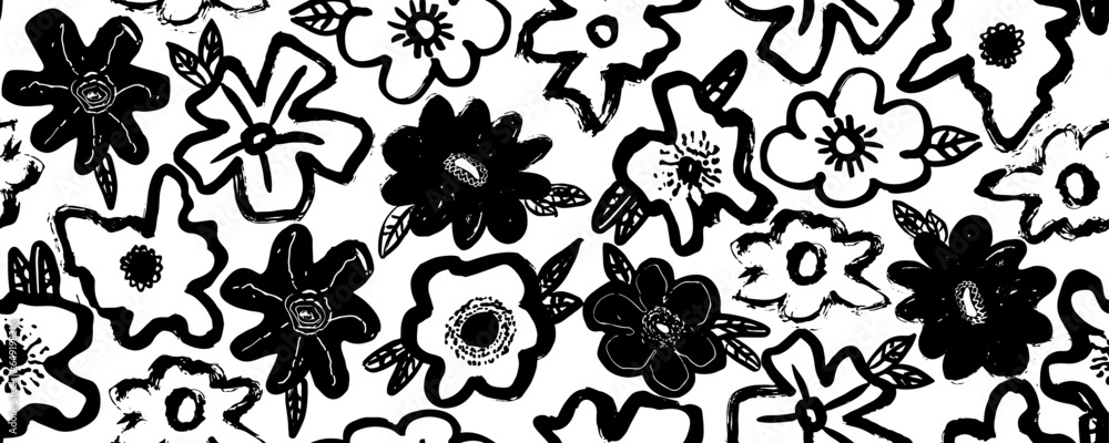 Trendy floral seamless pattern for fabric design. Flowers in Japanese style black and white texture. Summer vector illustration. Abstract grunge texture. Hand drawn brush pattern. Trendy floral seamless pattern for fabric design. Flowers in Japanese style black and white texture. Summer vector illustration. Abstract grunge texture. Hand drawn brush pattern.