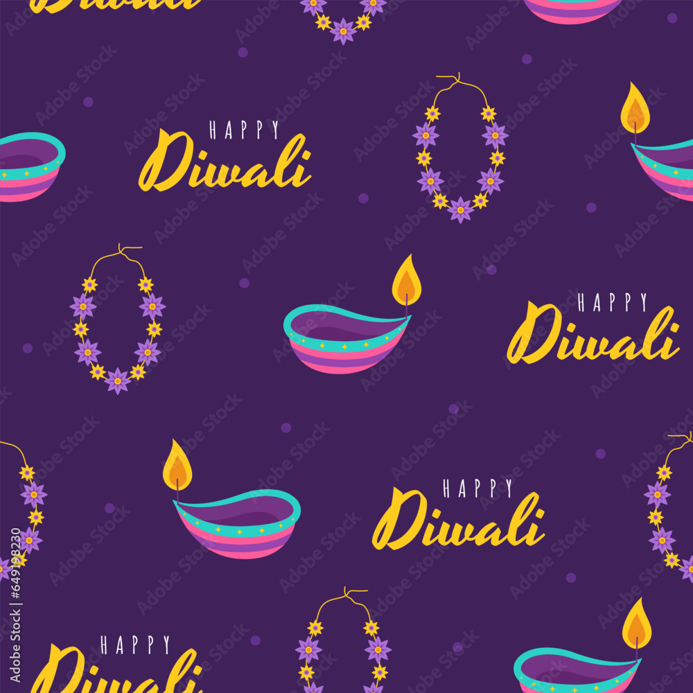 Diwali seamless pattern. Cute background for hindu holiday. Indian festival of lights. Vector illustration in flat cartoon style. Perfect for fabric, package paper, wallpaper, greeting cards.