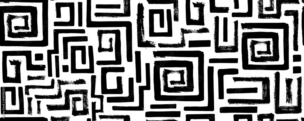 Abstract maze geometric background. Hand drawn seamless pattern with bold square lines. Black and white intricate vector background with brush strokes. Irregular maze and labyrinth pattern.