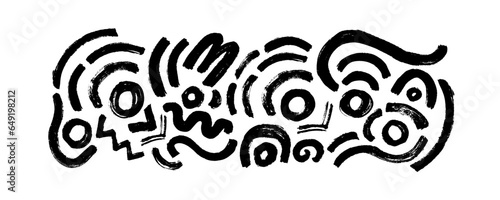Brush drawn circles and curved lines. Geometric elements isolated on white background. Thick geometric brush strokes. Wavy and curly lines, round shapes, vector shapes. Bold stripes, abstract forms.