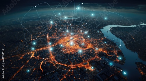 big city at night with network lines connected to satellites, cityscapes, circular shapes, industrial photography. High quality photo. top view