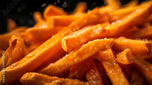 a macro image of a texture of freshly cooked yellow crispy sweet potato fries. Close-up. filling the frame.