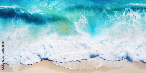 Top view oncoast with ocean waves. Blue water background. Summer seascape from air. Generative AI