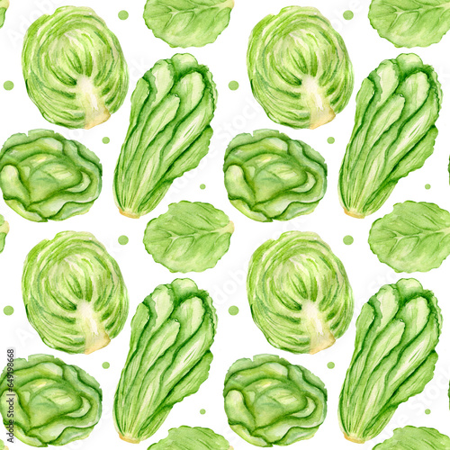 Watercolor seamless pattern with various cabbage, dots on a white background. For various food products, wrapping, etc.