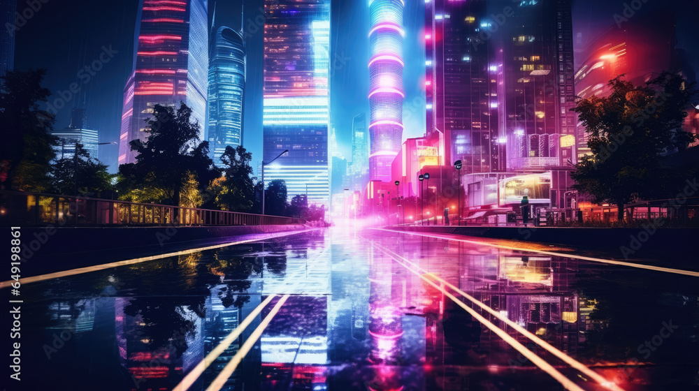 Night street illuminated by neon lights in cyberpunk style. For backgrounds, covers, banners, collages and other projects in cyberpunk style.