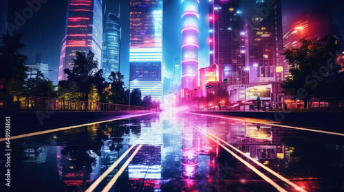 Night street illuminated by neon lights in cyberpunk style. For backgrounds, covers, banners, collages and other projects in cyberpunk style.