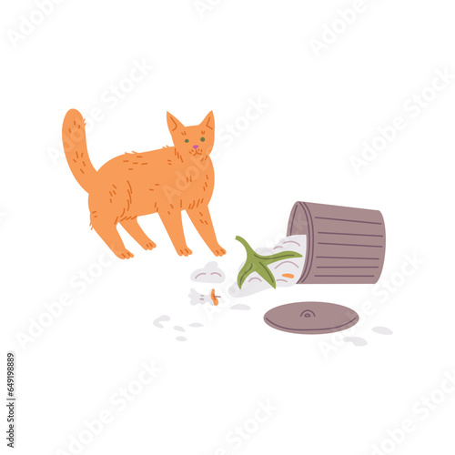 Pet mess and clutter vector flat illustration, overturned trash can, scattered garbage, naughty ginger cat bad behavior