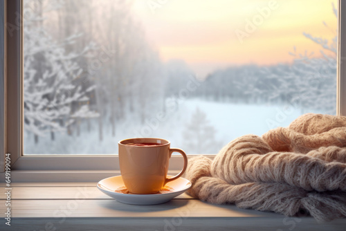 Coffee or hot chocolate with a sweater or blanket next to it, standing on the window sill with a view of the winter outside. Concept of winter holidays or home comfort.generative ai 