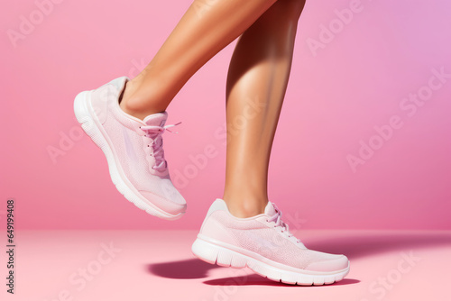 Slender legs of a woman wearing pink sports shoes standing on a pink background, focus on the legs.generative ai 