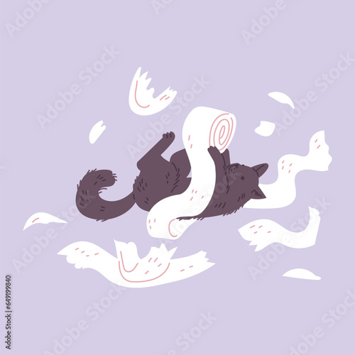 Naughty black cat chewing and tearing toilet paper, scattered shreds, bad feline damaging behavior, vector harm pet mess