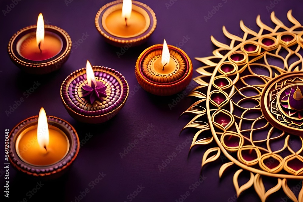 Top View showcasing a vibrant display of lit diyas, arranged in intricate patterns, illuminating the darkness with a warm golden glow Top View showcasing a vibrant display of lit diyas, arranged in intricate patterns, illuminating the darkness with a warm golden glow