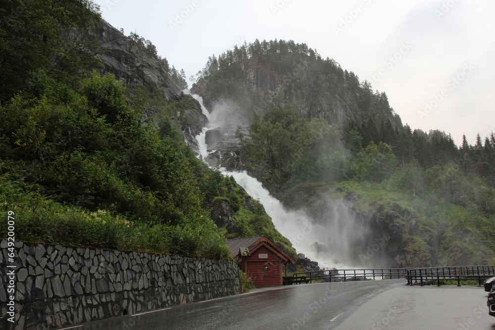 Beautiful landscape of Låtefossen waterfalls, Odda, Norwey.