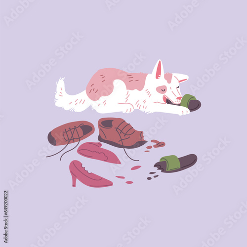 Naughty dog chewing tearing shoes, sneakers, slippers, bad canine behavior damaging things at home, vector silly puppy
