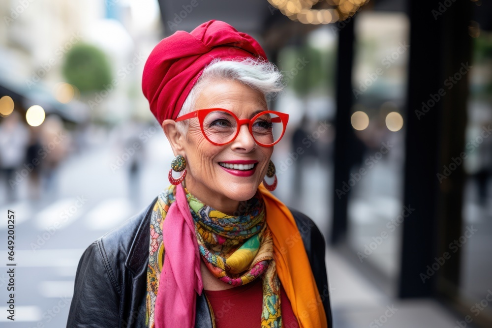 A senior hipster woman, approximately 70 years old, with her trendy oversized round glasses, and a collection of vintage brooches adorning her denim jacket. Generative AI A senior hipster woman, approximately 70 years old, with her trendy oversized round glasses, and a collection of vintage brooches adorning her denim jacket. Generative AI