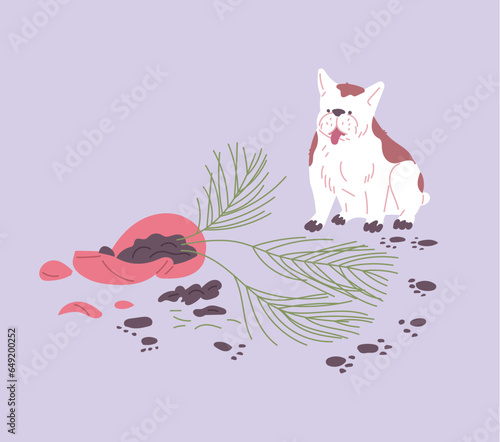 Dog sitting next to broken flower pot flat style, vector illustration
