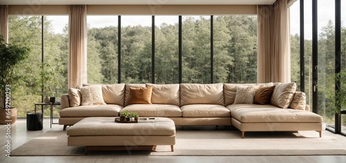 A corner sofa in a contemporary living area, with large windows all around it and a view of the forest outside. A calm mood is produced by the minimalist interior design.