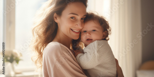 Smiling Caucasian woman holding her baby indoors. Mother-child concept. Children care concept. 
