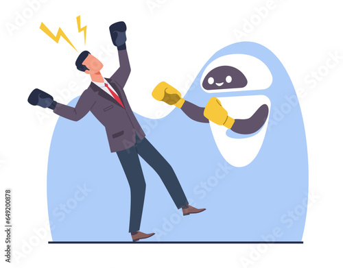 Artificial intelligence competes with human, robot boxing gloves beats human. Fight against AI. Competition of modern machine and human. Technology development. Cartoon flat vector concept