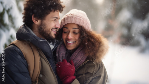 Young couple enjoying life outdoors in winter. Beautiful woman and handsome man smiling and hugging each other. There is romance in the air. Blurry background.
