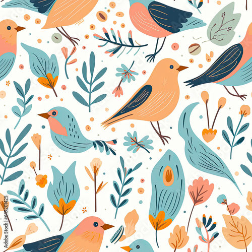 Nature Serenade A calming and soothing pattern with elements like birds, leaves, and soft colors vector art AI Generated © MSHAHID