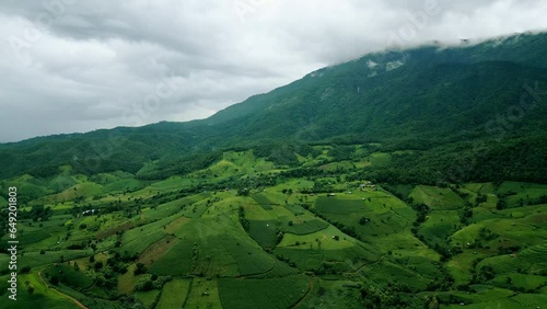 4K Cinematic nature aerial drone footage of the beautiful mountains and rice terraces of Ban Pa Pong Piang at Doi Ithanon next to Chiang Mai, Thailand on a cloudy sunny day photo