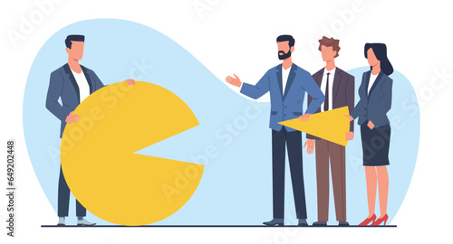 Business gaining larger market share, businessman holds most of chart. Earn high percentage, economic financial profit. Successful company. Cartoon flat style isolated vector concept