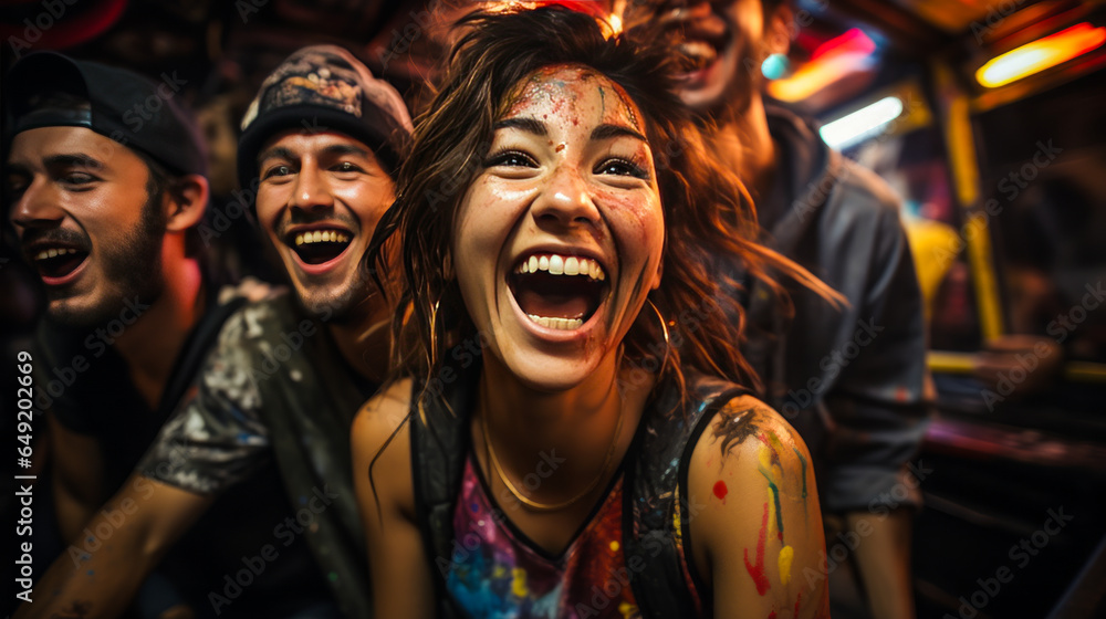 Vibrant group of friends in colorful attire enjoying an exotic tuk-tuk adventure, encased by neon lights and graffiti, cherishing laughter and selfies.