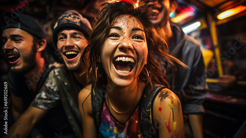 Vibrant group of friends in colorful attire enjoying an exotic tuk-tuk adventure, encased by neon lights and graffiti, cherishing laughter and selfies.