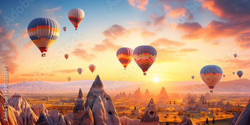 Hot Air Balloons in Turkey, Cappadocia landscape at sunrise. Travelling concept. 