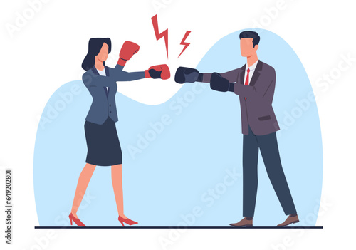 Businessman and woman in boxing gloves fighting each other. Male and female business characters in suit. Confrontation between partner or colleague. Cartoon flat isolated vector concept