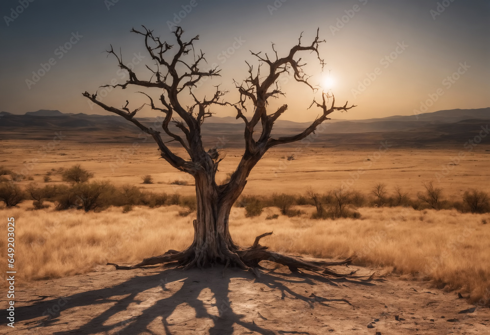 Dry, cracked and barren landscape with a lone dead tree. Generative AI Dry, cracked and barren landscape with a lone dead tree. Generative AI