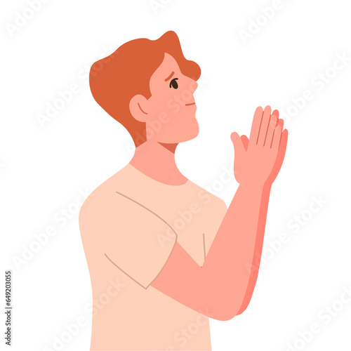 Man Prays to God and Looks Up. Believing Guy from Christian Denomination Prays to Lord. Flat Vector Illustration Isolated on White Background.