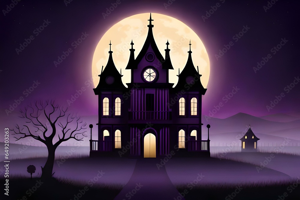 Haunted house silhouette on a dark purple background