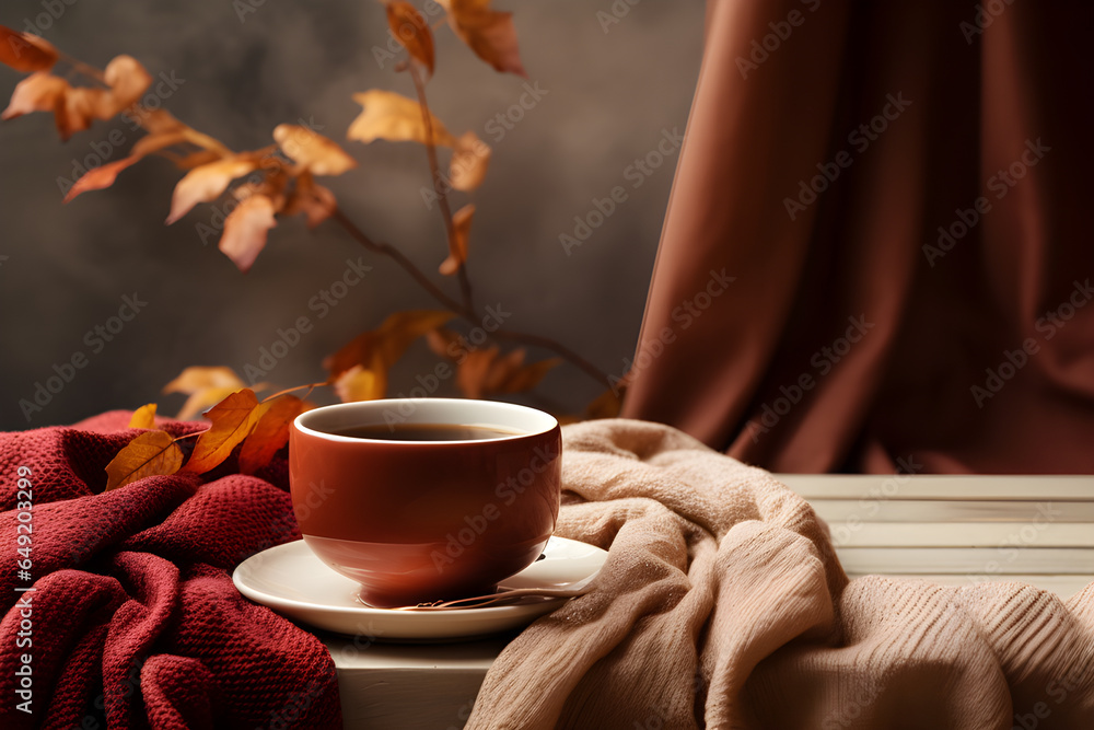 Hot coffee in a white coffee cup and coffee beans sitting by the window on a wooden table in a warm, bright atmosphere on a dark background with copy space.