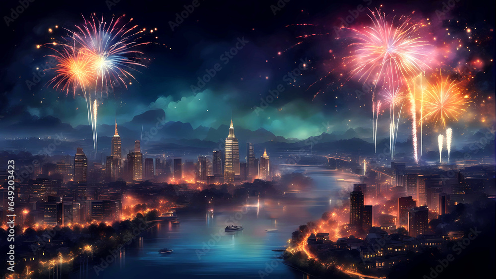 Naklejka premium Fireworks over the river passing through a city.