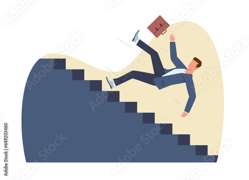 Businessman falls down career ladder, business failure, job loss. Troubles and problems on work, unemployment bankruptcy person, economical crisis, cartoon flat isolated vector concept