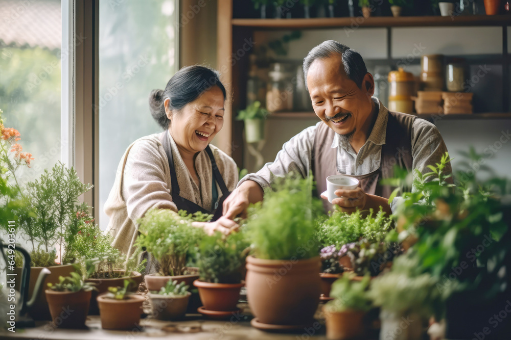 Asian middle age man and woman home gardening Asian middle age man and woman home gardening