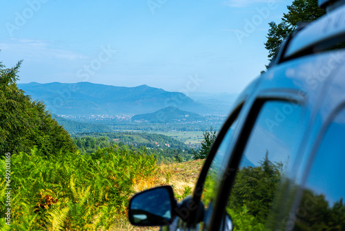 View of Khust valley from the car, Carpathian mountains, Ukraine photo