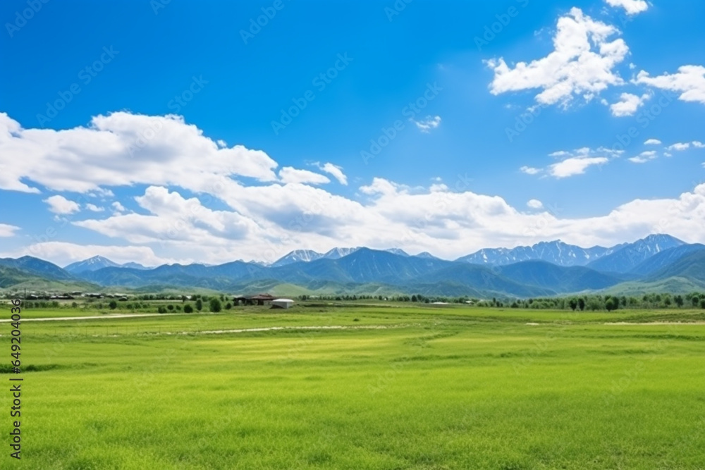 Panoramic natural landscape with green grass field, blue sky and mountains in background