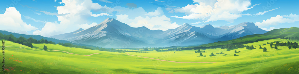 Panoramic natural landscape with green grass field, blue sky and mountains in background