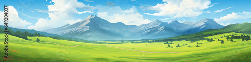 Panoramic natural landscape with green grass field, blue sky and mountains in background © Diana
