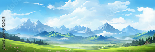Panoramic natural landscape with green grass field  blue sky and mountains in background
