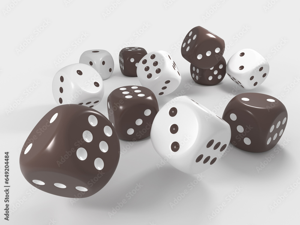 3d rendering of white and brown rolling dices with rounded corners for any illustration related to games and casino 3d rendering of white and brown rolling dices with rounded corners for any illustration related to games and casino