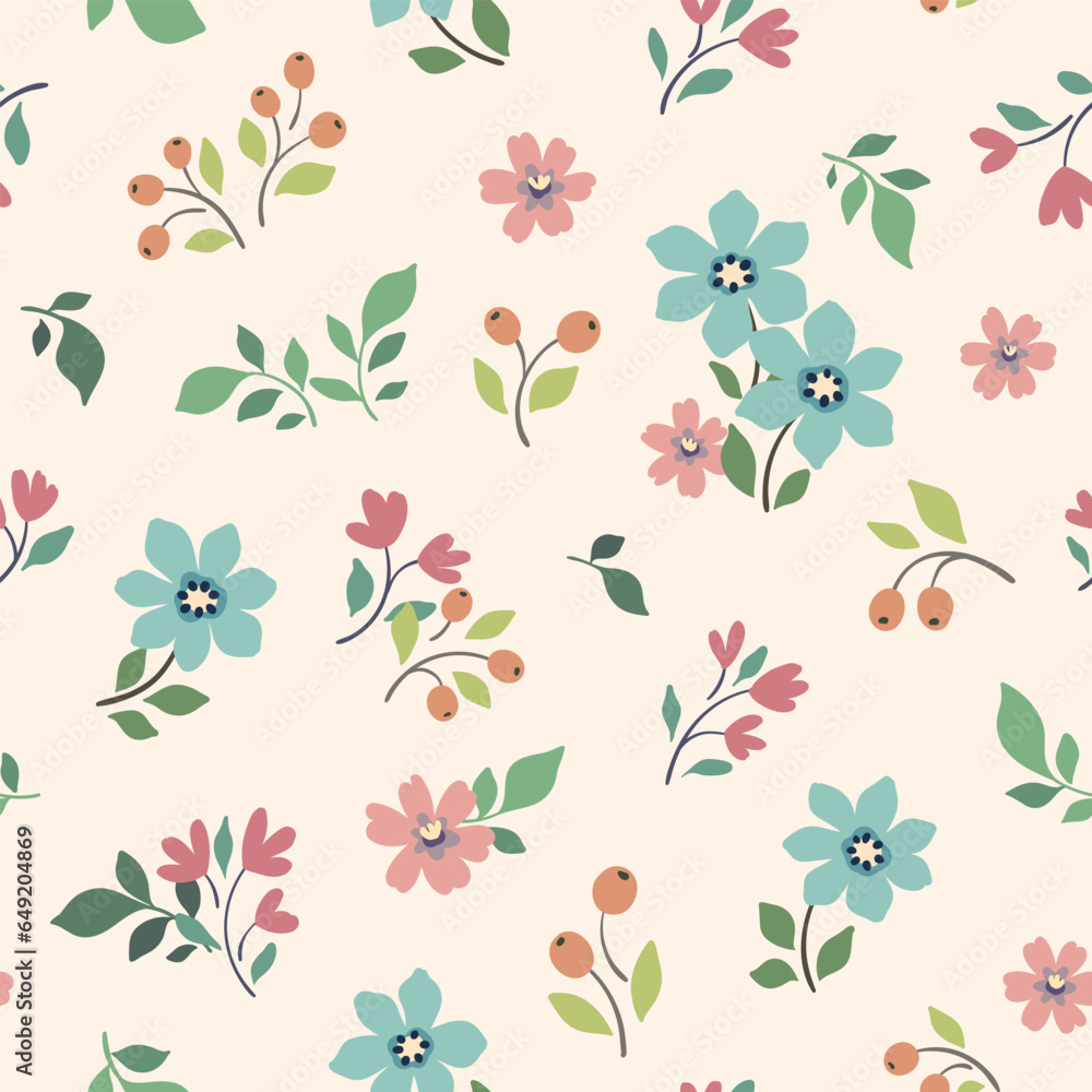 Seamless floral pattern, liberty ditsy print with cute small plants. Pretty botanical design, spring ornament: tiny hand drawn wild flowers, leaves on a white field. Vector illustration.