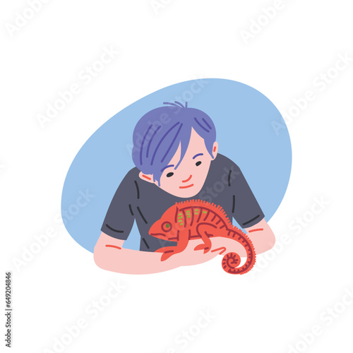 Boy is looking on red guana, cartoon chameleon lizard crawls along the owner's hand, vector pet reptile exotic animal