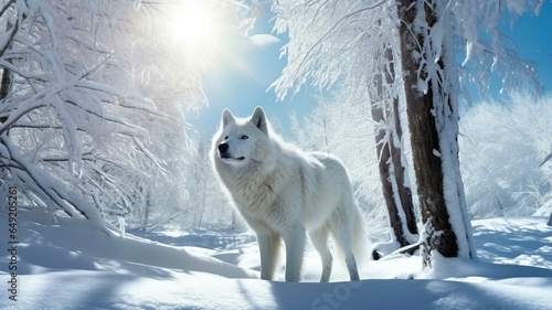 Samoyed dog in the snowy mountains. Beautiful winter landscape.