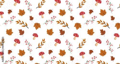Seamless pattern on an autumn theme. Cake, leaves, trees. autumn leaves background with leaves and pumpkin.