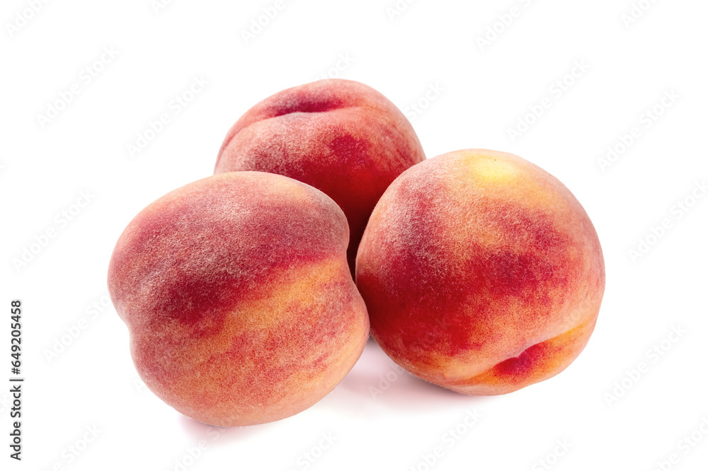 Ripe juicy peaches on white background. Ripe juicy peaches on white background.